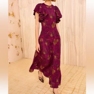 Mariam Silk Bias Cut Flutter Sleeve Dress - Peony - NEVER WORN
